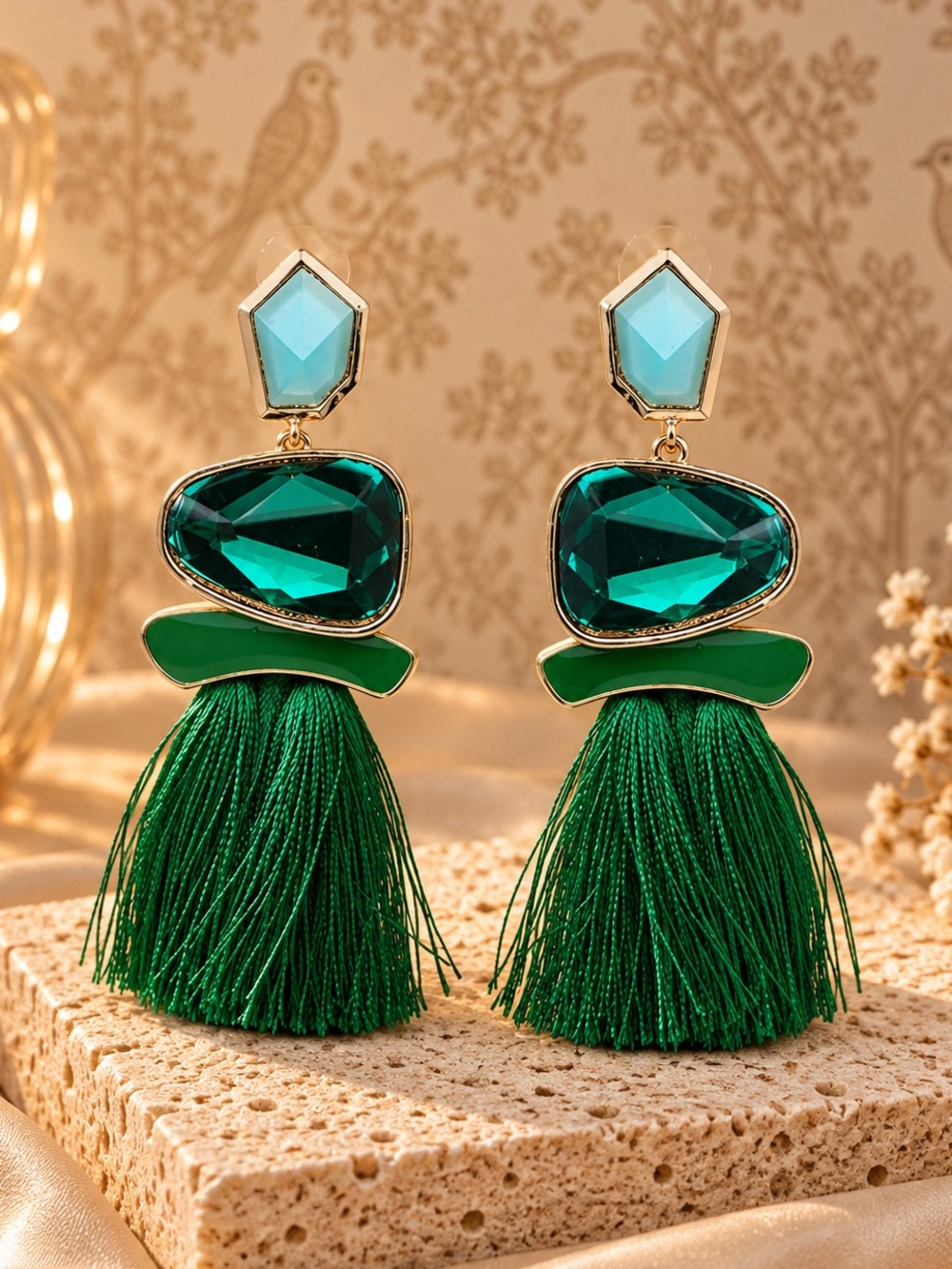 Emerald Green Crystal Tassel Statement Earrings Boho Glam